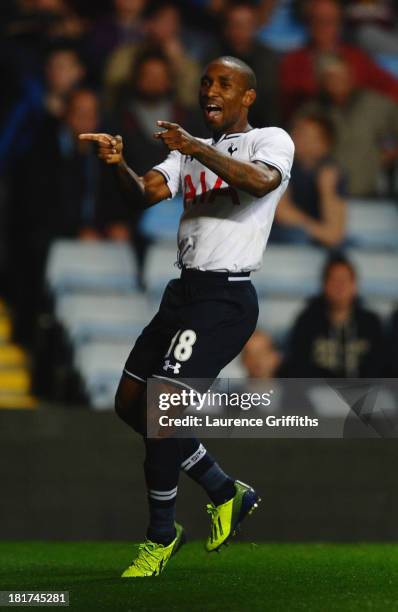 Jermain Defoe of Tottenham Hotspur celebrates scoring the opening goal during the Capital One Cup third round match between Aston Villa and Tottenham...
