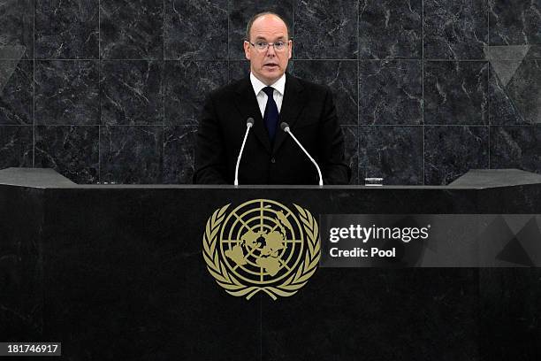 Prince Albert II of Monaco addresses the 68th United Nations General Assembly on September 24, 2013 in New York City. Over 120 prime ministers,...