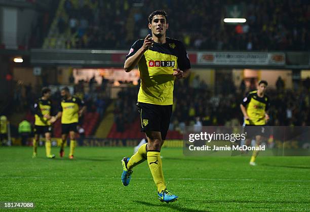 Marco Davide Faraoni of Watford celebrates as he scores their second goal during the Capital One Cup Third Round match between Watford and Norwich...