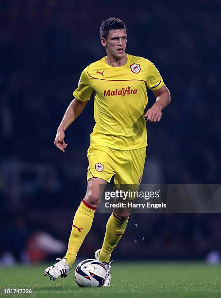 Cardiff City captain Mark Hudson in action during the Capital One Cup third round match between West Ham United and Cardiff City at the Boleyn Ground...