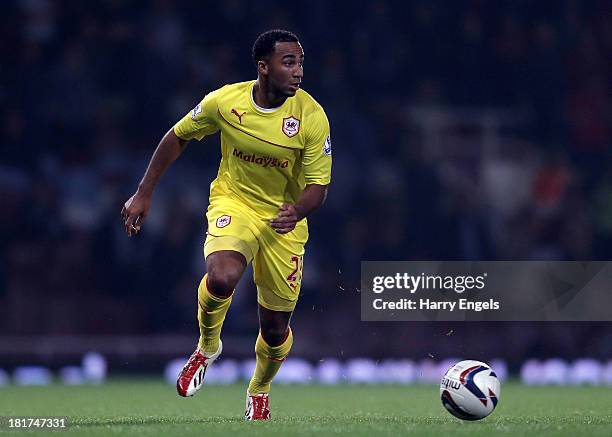 Nicky Maynard of Cardiff City in action during the Capital One Cup third round match between West Ham United and Cardiff City at the Boleyn Ground on...
