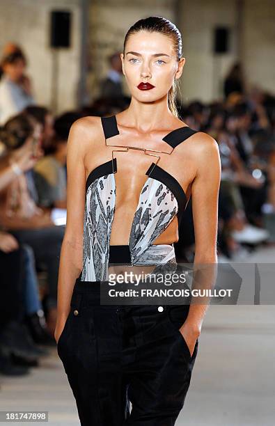 Model presents a creation by designer Anthony Vaccarello during the Spring/Summer 2012 ready-to-wear collection show, on September 27, 2011 in Paris....