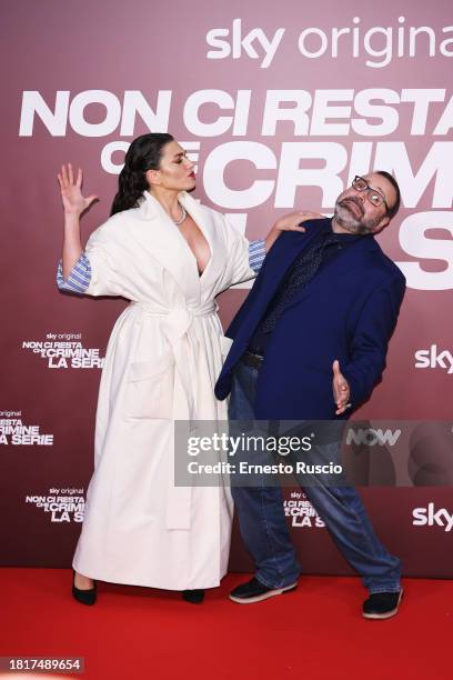 Liliana Fiorelli and Massimiliano Bruno attend the premiere for "Non Ci Resta Che Il Crimine - La Serie" on November 27, 2023 in Rome, Italy.