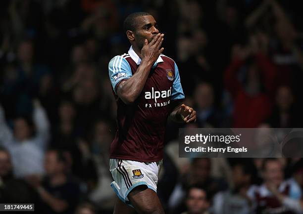 Ricardo Vaz Te of West Ham celebrates scoring the winning goal during the Capital One Cup third round match between West Ham United and Cardiff City...