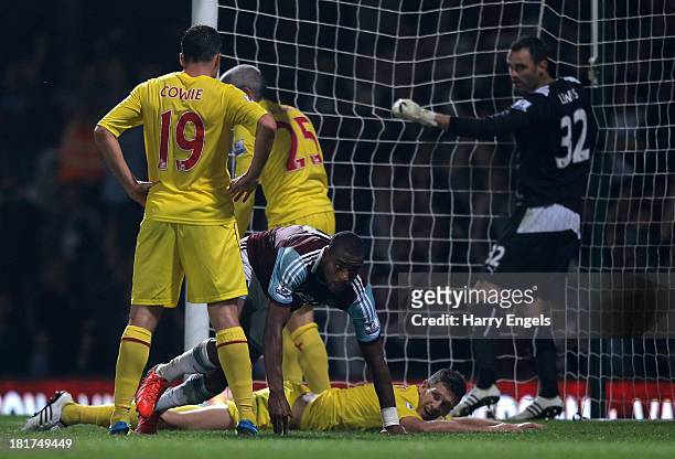 Ricardo Vaz Te of West Ham scores the winning goal during the Capital One Cup third round match between West Ham United and Cardiff City at the...