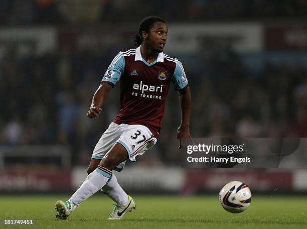 Leo Chambers of West Ham in action during the Capital One Cup third round match between West Ham United and Cardiff City at the Boleyn Ground on...