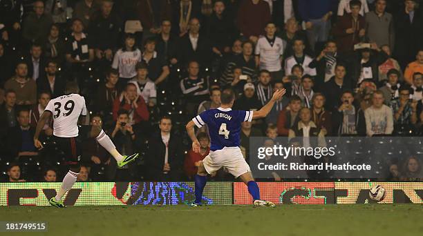 Darren Bent of Fulham scores the second goal during the Captial One Cup Third Round match between Fulham and Everton at Craven Cottage on September...