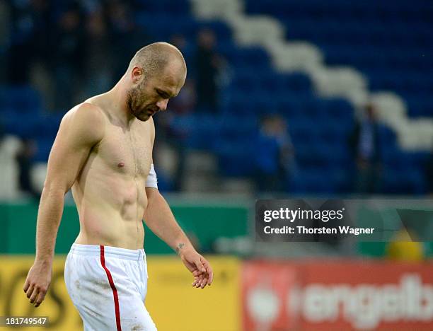 Ivica Banovic of Cottbus looks dejected after loosing the DFB Cup second round match between TSG 1899 Hoffenheim and FC Energie Cottbus at Wirsol...