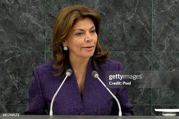 Costa Rican President Laura Chinchilla addresses the 68th United Nations General Assembly on September 24, 2013 in New York City. Over 120 prime...