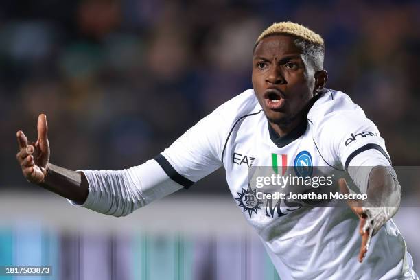 Victor Osimhen of SSC Napoli celebrates after setting up team mate Eljif Elmas to score and give the side a 2-1 lead during the Serie A TIM match...