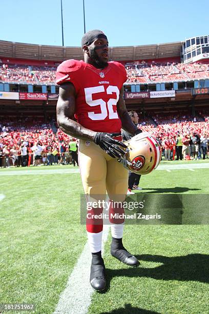 Patrick Willis of the San Francisco 49ers stands on the field prior to the game against the Indianapolis Colts at Candlestick Park on September 22,...