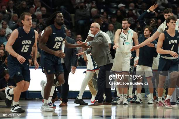 Connecticut Huskies head coach Dan Hurley reacts during the first half of an NCAA basketball game against the New Hampshire Wildcats at the Harry A....