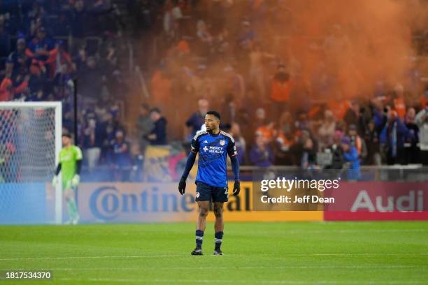 Alvas Powell of FC Cincinnati reacts after a goal by Yerson Mosquera during a MLS playoff semi-final match against Philadelphia Union at TQL Stadium...