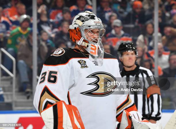John Gibson of the Anaheim Ducks awaits a face-off during the game against the Edmonton Oilers at Rogers Place on November 26 in Edmonton, Alberta,...