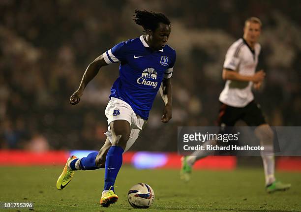 Romelu Lukaku of Everton in action during the Captial One Cup Third Round match between Fulham and Everton at Craven Cottage on September 24, 2013 in...