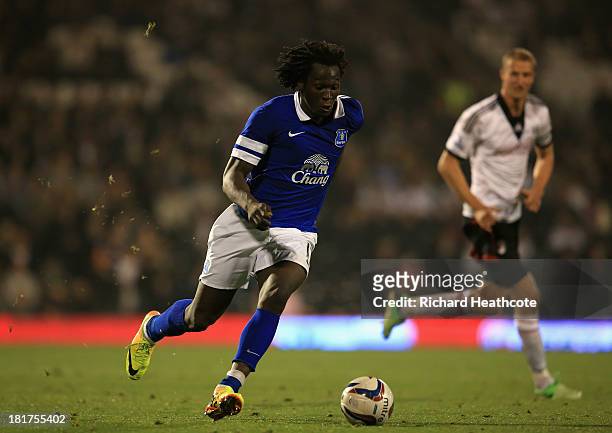 Romelu Lukaku of Everton in action during the Captial One Cup Third Round match between Fulham and Everton at Craven Cottage on September 24, 2013 in...