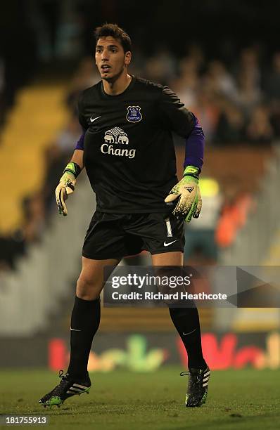 Joel Robles of Everton in action during the Captial One Cup Third Round match between Fulham and Everton at Craven Cottage on September 24, 2013 in...