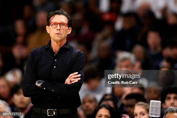 Head coach Quin Snyder of the Atlanta Hawks looks on in the first half against the Washington Wizards at Capital One Arena on November 25, 2023 in...