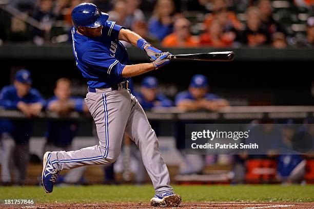 Arencibia of the Toronto Blue Jays strikes out against the Baltimore Orioles in the second inning at Oriole Park at Camden Yards on September 24,...