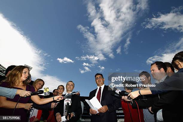 Chief Executive Officer Andrew Demetriou speaks to the media during an AFL Grand Final press conference at Melbourne Cricket Ground on September 25,...