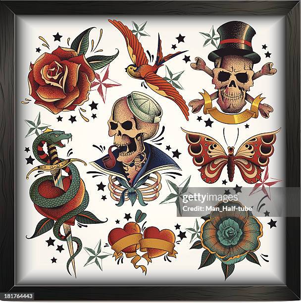 ilustraciones, imágenes clip art, dibujos animados e iconos de stock de old school tatuajes - skull tattoos