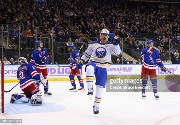 Alex Tuch of the Buffalo Sabres celebrates his third period goal against the New York Rangers at Madison Square Garden on November 27, 2023 in New...