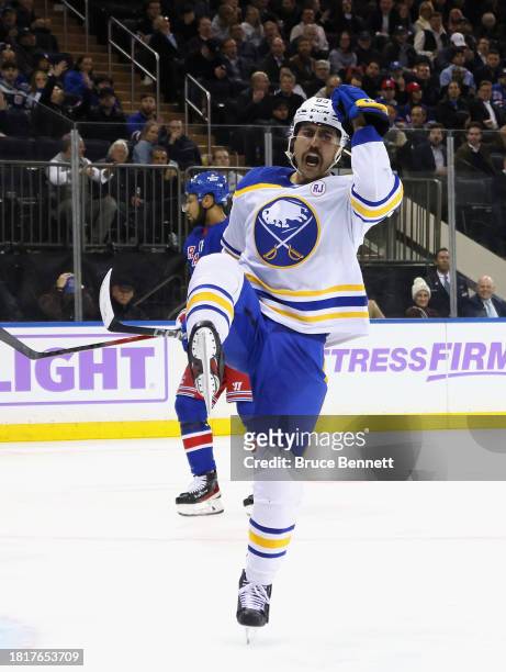 Alex Tuch of the Buffalo Sabres celebrates his third period goal against the New York Rangers at Madison Square Garden on November 27, 2023 in New...
