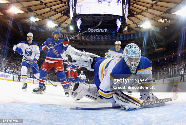 Ukko-Pekka Luukkonen of the Buffalo Sabres tends net against the New York Rangers at Madison Square Garden on November 27, 2023 in New York City. The...