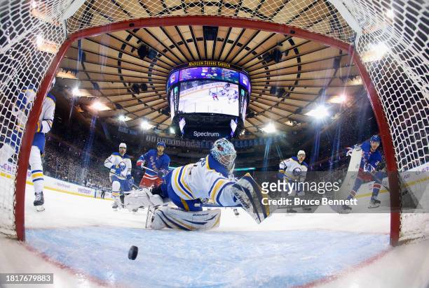 Ukko-Pekka Luukkonen of the Buffalo Sabres tends net against the New York Rangers at Madison Square Garden on November 27, 2023 in New York City. The...