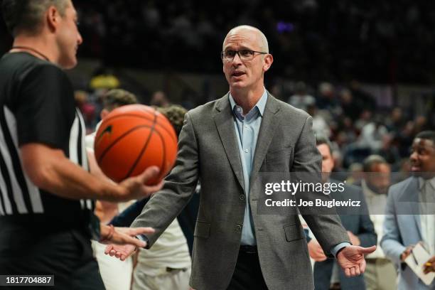 Head coach Dan Hurley of the Connecticut Huskies talks with officials during the second half against the New Hampshire Wildcats at the Harry A....