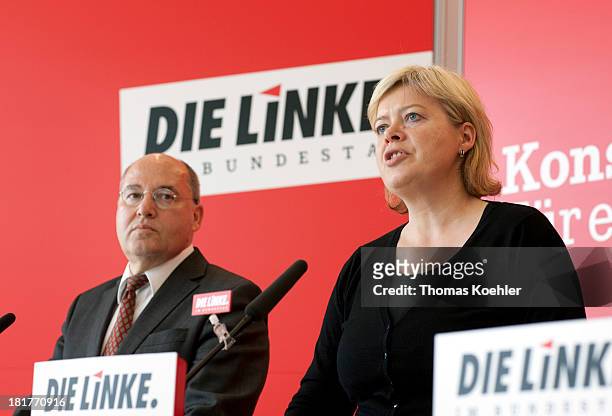 Gregor Gysi, Chairman of the Left Party and Gesine Loetzsch giving a statement to the press before a group meeting.