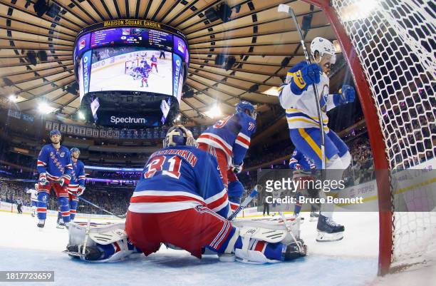 Alex Tuch of the Buffalo Sabres celebrates his goal at 19:33 of the second period against Igor Shesterkin of the New York Rangers at Madison Square...