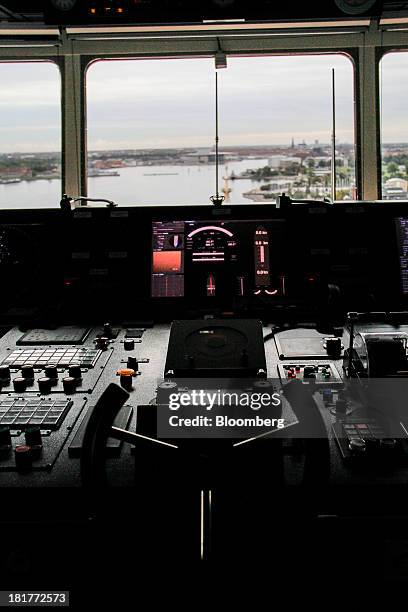 The control console sits on the bridge of the Majestic Maersk Triple E class container ship, one of the world's largest vessels, operated by A.P....