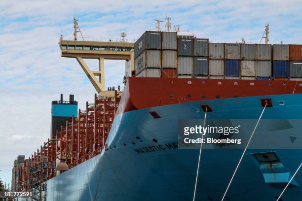 Shipping containers stand aboard the Majestic Maersk Triple E class ship, one of the world's largest vessels, operated by A.P. Moeller-Maersk A/S at...