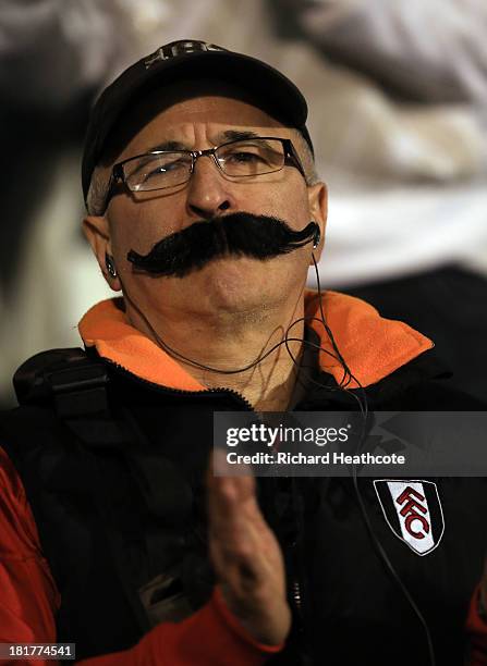 Fulham fan watches on during the Captial One Cup Third Round match between Fulham and Everton at Craven Cottage on September 24, 2013 in London,...
