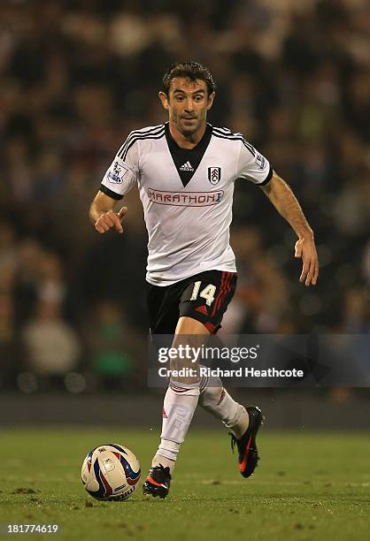 Giorgos Karagounis of Fulham in action during the Captial One Cup Third Round match between Fulham and Everton at Craven Cottage on September 24,...