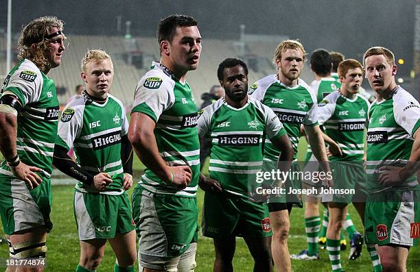 Manawatu players show their dejection after conceding a try during the round 7 ITM Cup match between Canterbury and Manawatu at AMI Stadium on...