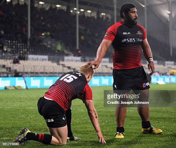 Johnny McNicholl of Canterbury is congratulated by Paea Fa'anunu after scoring a try during the round 7 ITM Cup match between Canterbury and Manawatu...