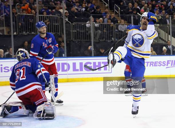 Alex Tuch of the Buffalo Sabres celebrates his third period goal against the New York Rangers at Madison Square Garden on November 27, 2023 in New...