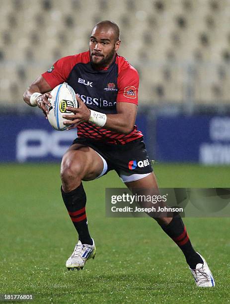 Patrick Osborne of Canterbury runs with the ball during the round 7 ITM Cup match between Canterbury and Manawatu at AMI Stadium on September 25,...