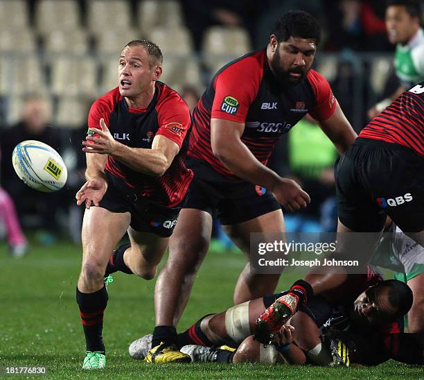 Andy Ellis of Canterbury passes the ball during the round 7 ITM Cup match between Canterbury and Manawatu at AMI Stadium on September 25, 2013 in...