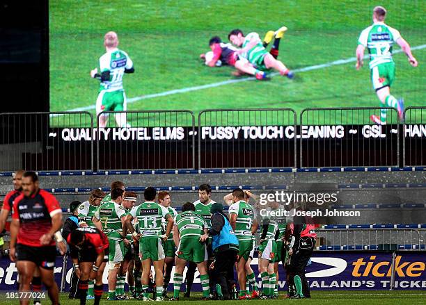 Manawatu players stand behind their goalline after Richie Mo'unga scored a try during the round 7 ITM Cup match between Canterbury and Manawatu at...