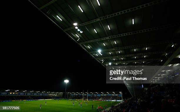 General view of the stadium during the Aviva Premiership match between Sale Sharks and London Wasps at the AJ Bell Stadium on September 20, 2013 in...