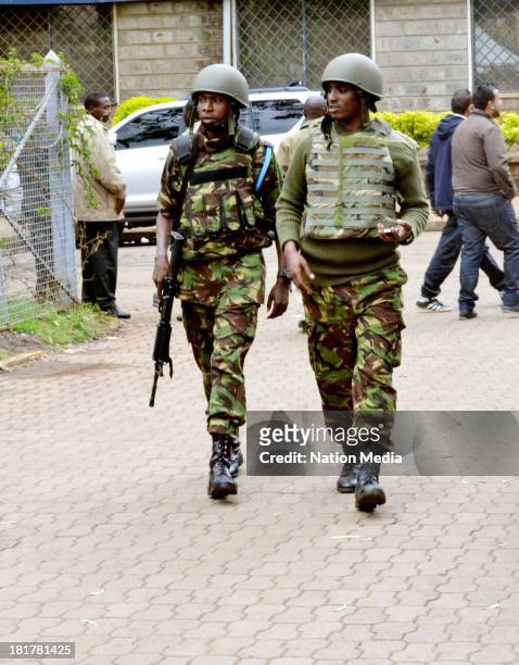 Officers patrolling outside Westgate Mall on September 24, 2013 in Nairobi, Kenya. The terrorist attack occurred on Saturday, 10-15 gunmen from the...