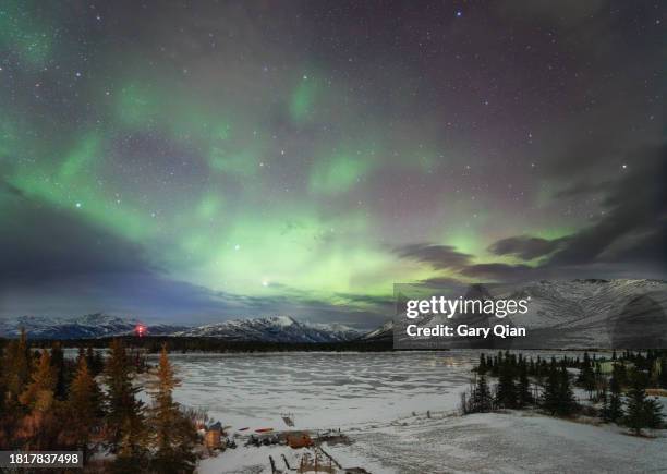 aurora over a frozen otto lake near denali national park - anchorage alaska stock pictures, royalty-free photos & images