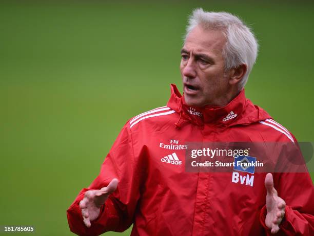 Bert van Marwijk, gestures during his first training session as head coach of Hamburg SV on September 25, 2013 in Hamburg, Germany.