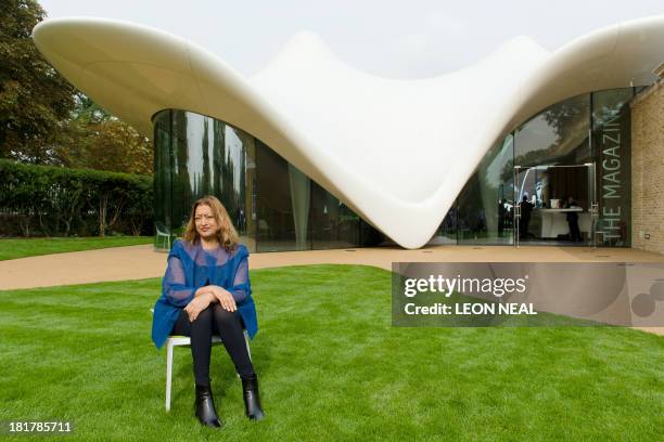 Iraqi-British architect Zaha Hadid poses for pictures outside her recently completed design for an extension of the Serpentine Sackler Gallery in...