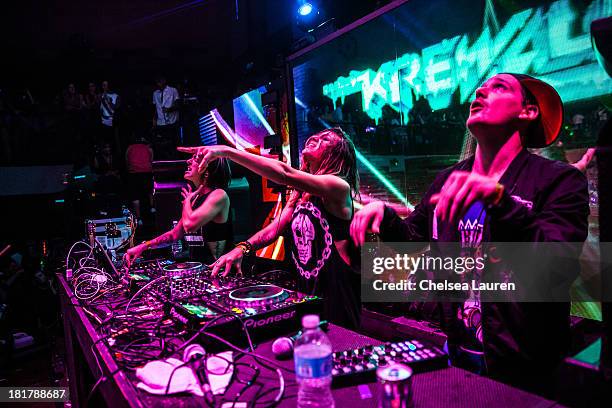 Yasmine Yousaf, Jahan Yousaf and producer Kris "Rain Man" Trindl of Krewella perform at Krewella's "Get Wet" album release foam party at Exchange LA...