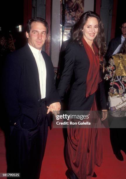 Actor Brian Benben and actress Madeleine Stowe arrives at "The Last of the Mohicans" Hollywood Premiere on September 24, 1992 at the Mann's Chinese...