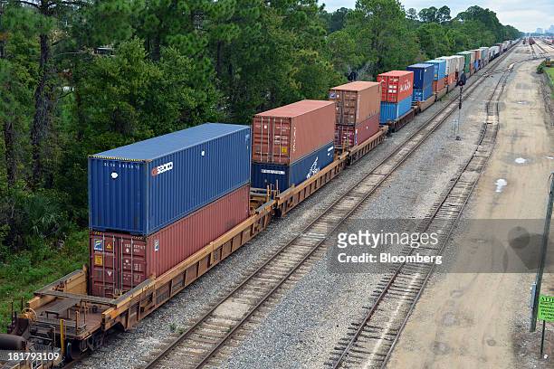 Florida East Coast Railway train with double stack container cars departs the railway's Bowden Yard in Jacksonville, Florida, U.S., on Monday Sept....